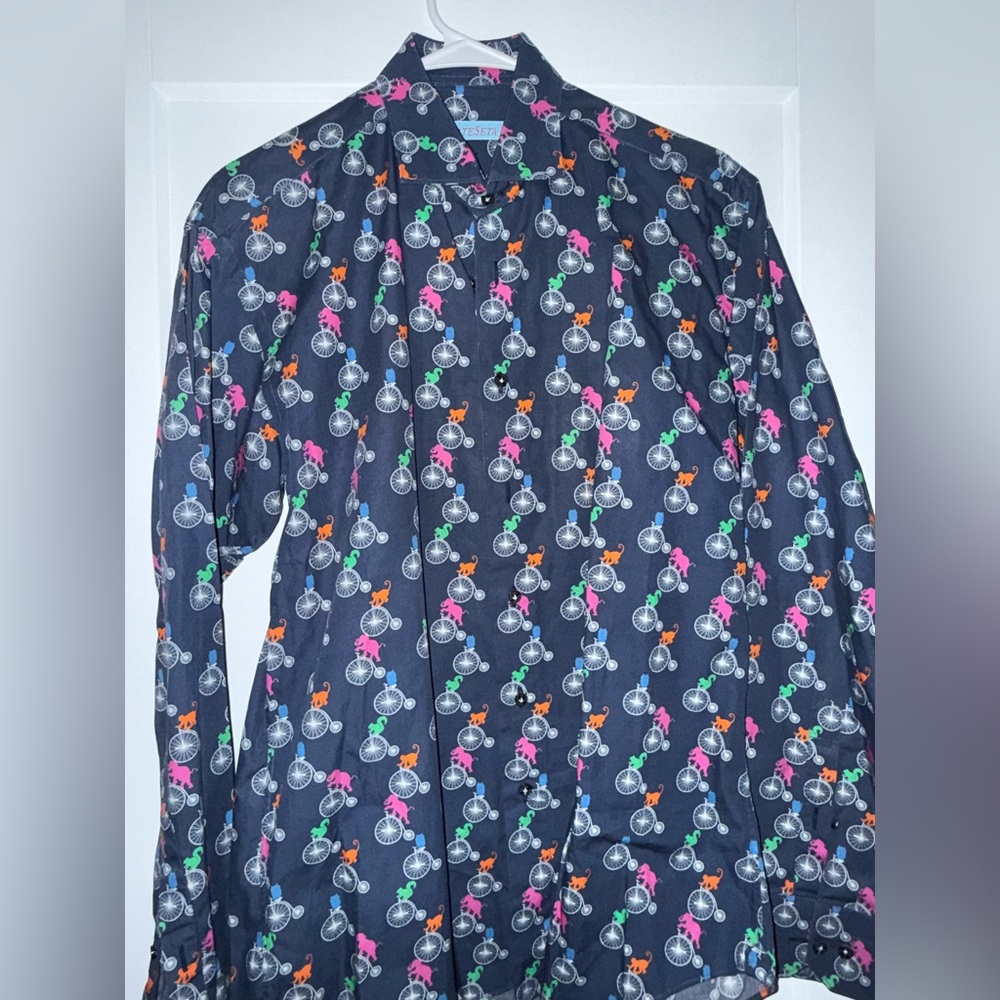 Men's Casual Button Down Shirt - Navy with Multicolor Print